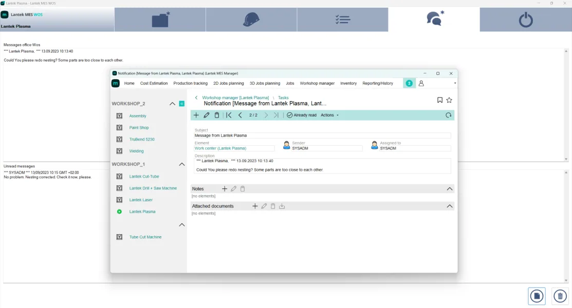Lantek MES для рабочих центров